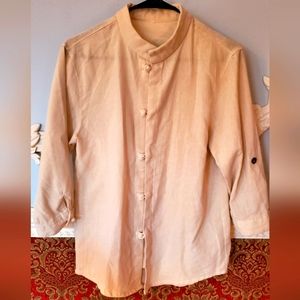 Cream linen 3/4-sleeve shirt with Mandarin collar